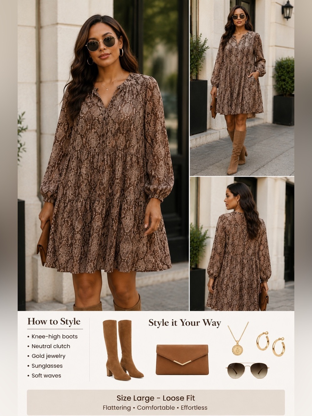 Sandy & Sid Snake Print Long Sleeve Women's Dress (448)